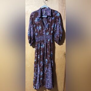 Free People Prairie Punk Brown mauve Floral 3/4 sleeve button front S M L